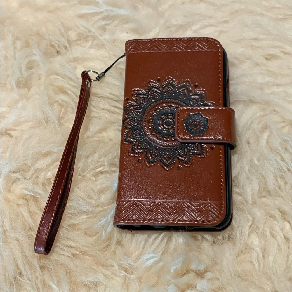 Brown Leather Embossed Mandala Phone Wallet Case
